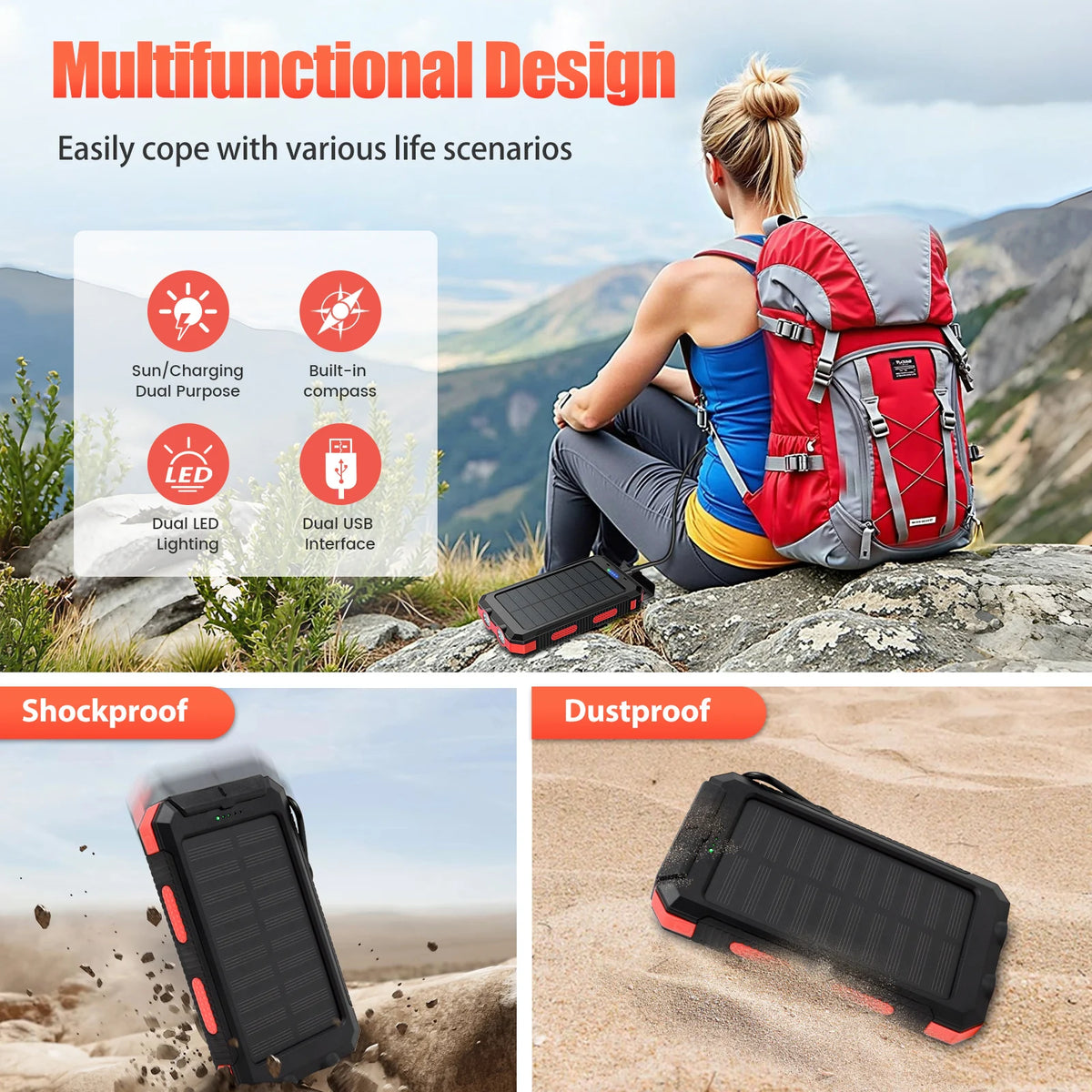 Solar Powered Waterproof Portable Power Bank With LED Flashlight