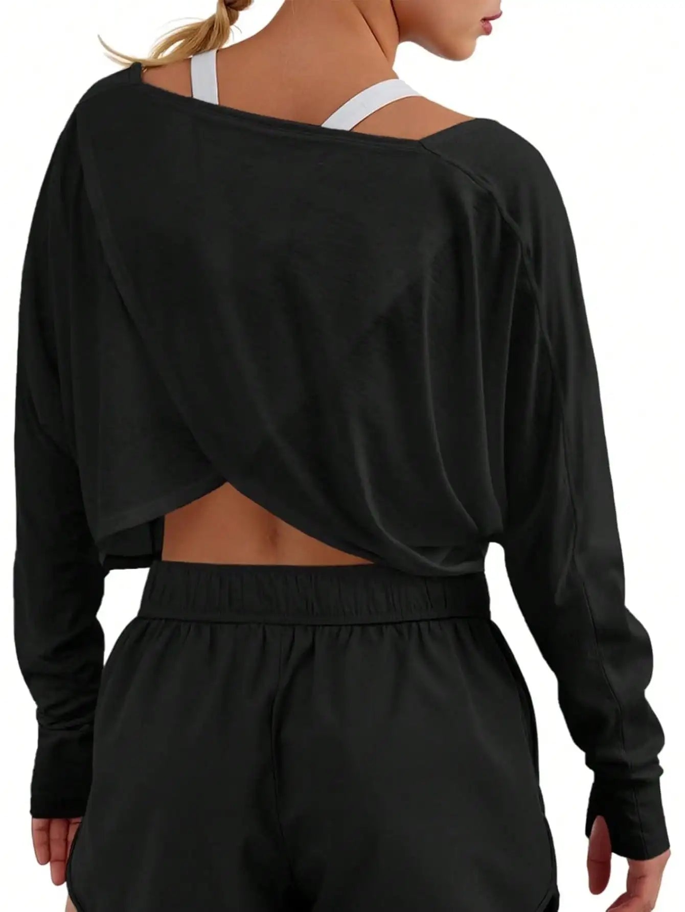Fisoew Crossover Back Long Sleeve Workout Top, Women's Cropped Long Sleeve Gym Shirt With Thumb Holes, Athletic Yoga Tee