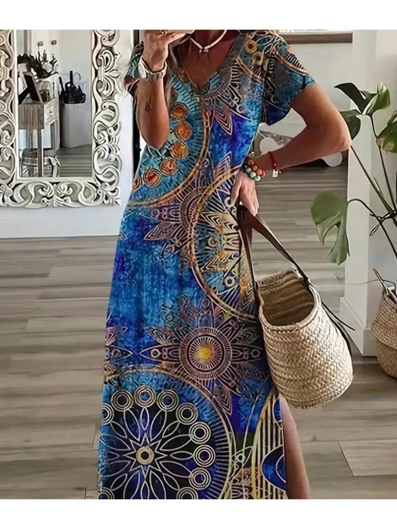Bohemian Summer Casual Elegant Skirt Large Print Split V-neck Short Sleeve Elegant Large Dress Long Skirt