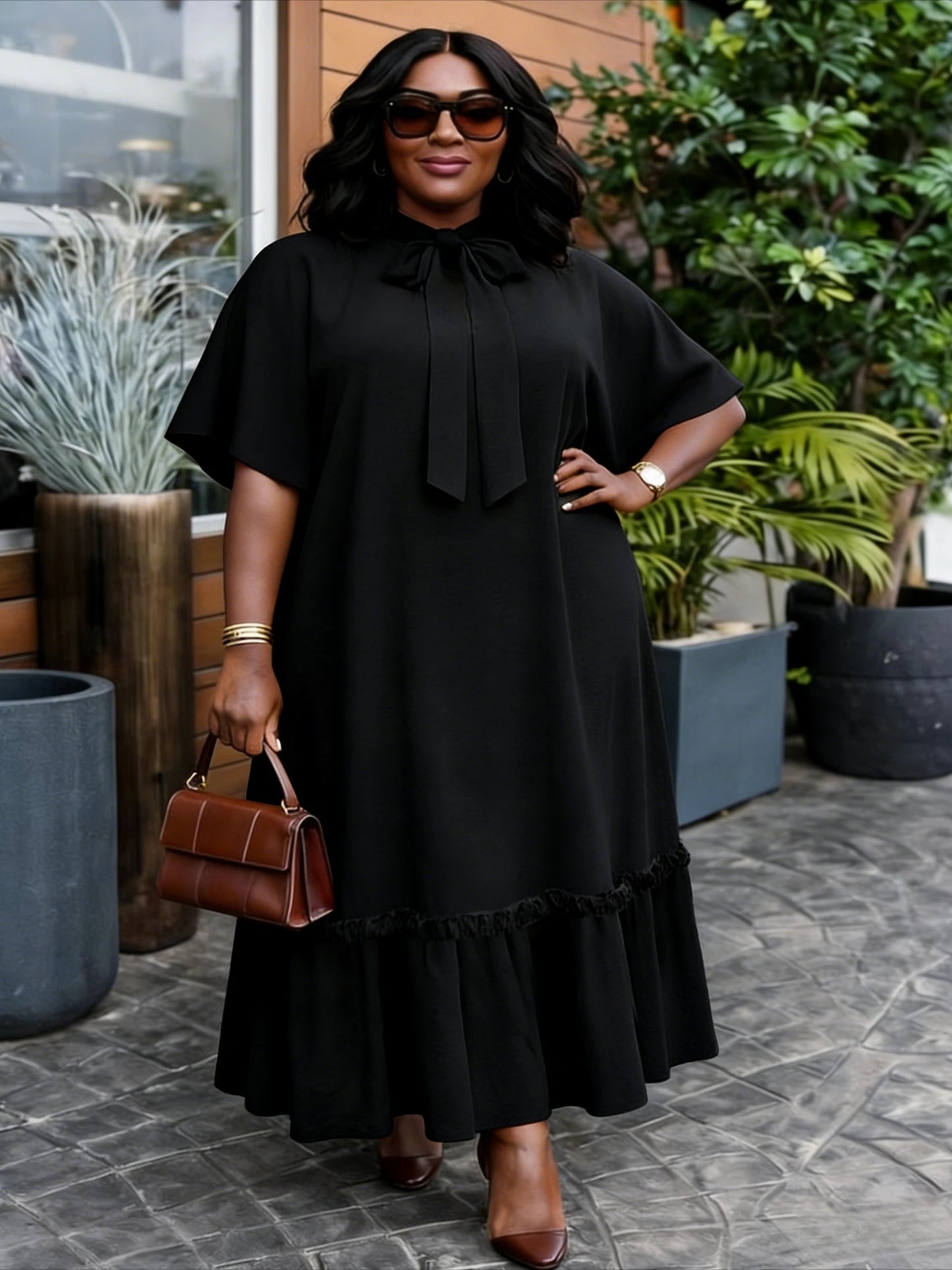Elegant Women Straight Dress Bow Collar Short Sleeves Loose Long Ruffles Hem Africa Simple Solid Church Causal Daily Wear New