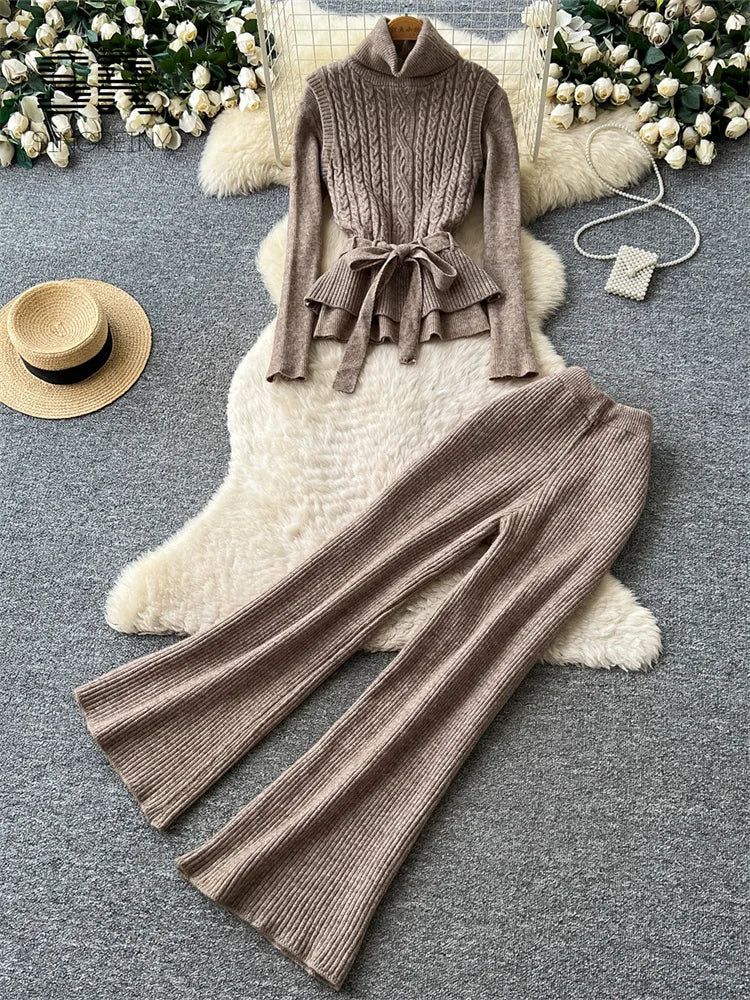 SINGREINY Autumn Turtleneck Commute Sets Tierred Belt Vest+Full Sleeve Pullover+Long Pants Elastic Women Classy Knit 3pcs Sets
