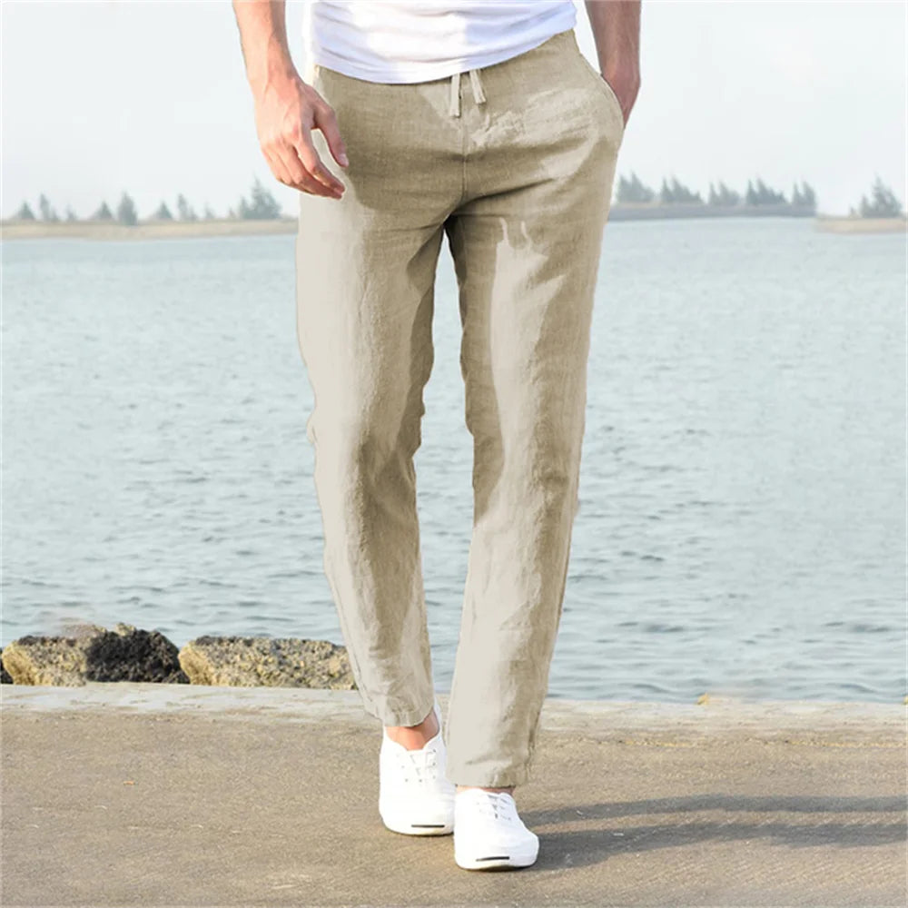 Men's Cotton Linen Casual Pants Baggy Streetwear Men Joggers Sports Trousers Solid Color Long Straight Trendy Pants for Men