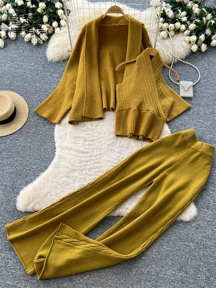 SINGREINY Autumn Chic Edgy Pants Sets Lapel Simple Cardigan+Halter Backless Tank Top+Long Pant 2026 Women Lazy Workwear 3pcs Set
