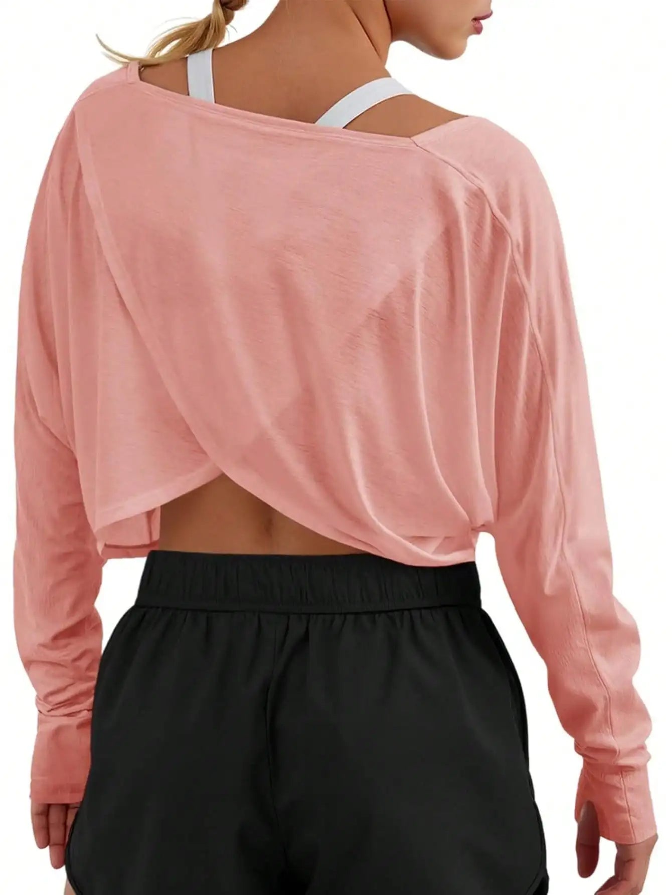 Fisoew Crossover Back Long Sleeve Workout Top, Women's Cropped Long Sleeve Gym Shirt With Thumb Holes, Athletic Yoga Tee