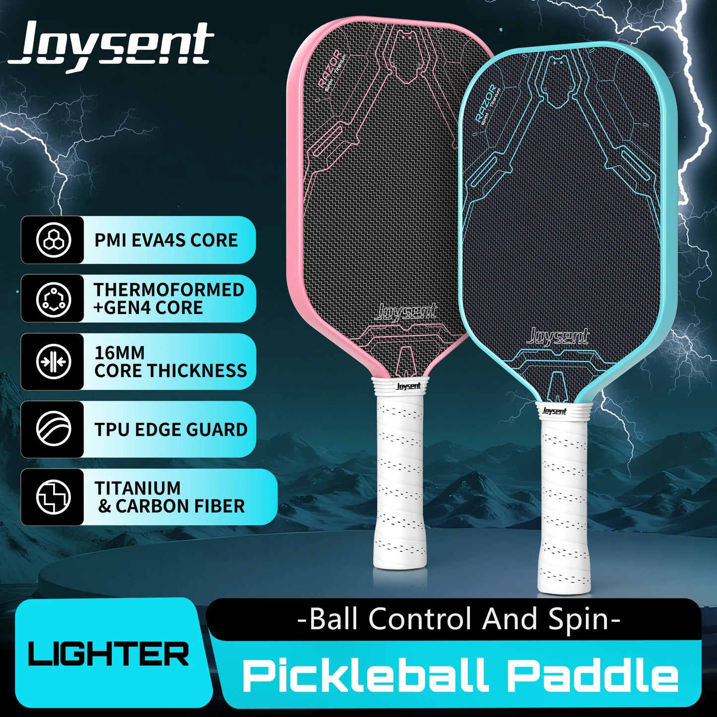 Joysent Pickleball Paddle Titanium Carbon Fiber Weave Surface Pickleball Racket For Spin&Control 16mm PMI Gen4 Core Thermoformed