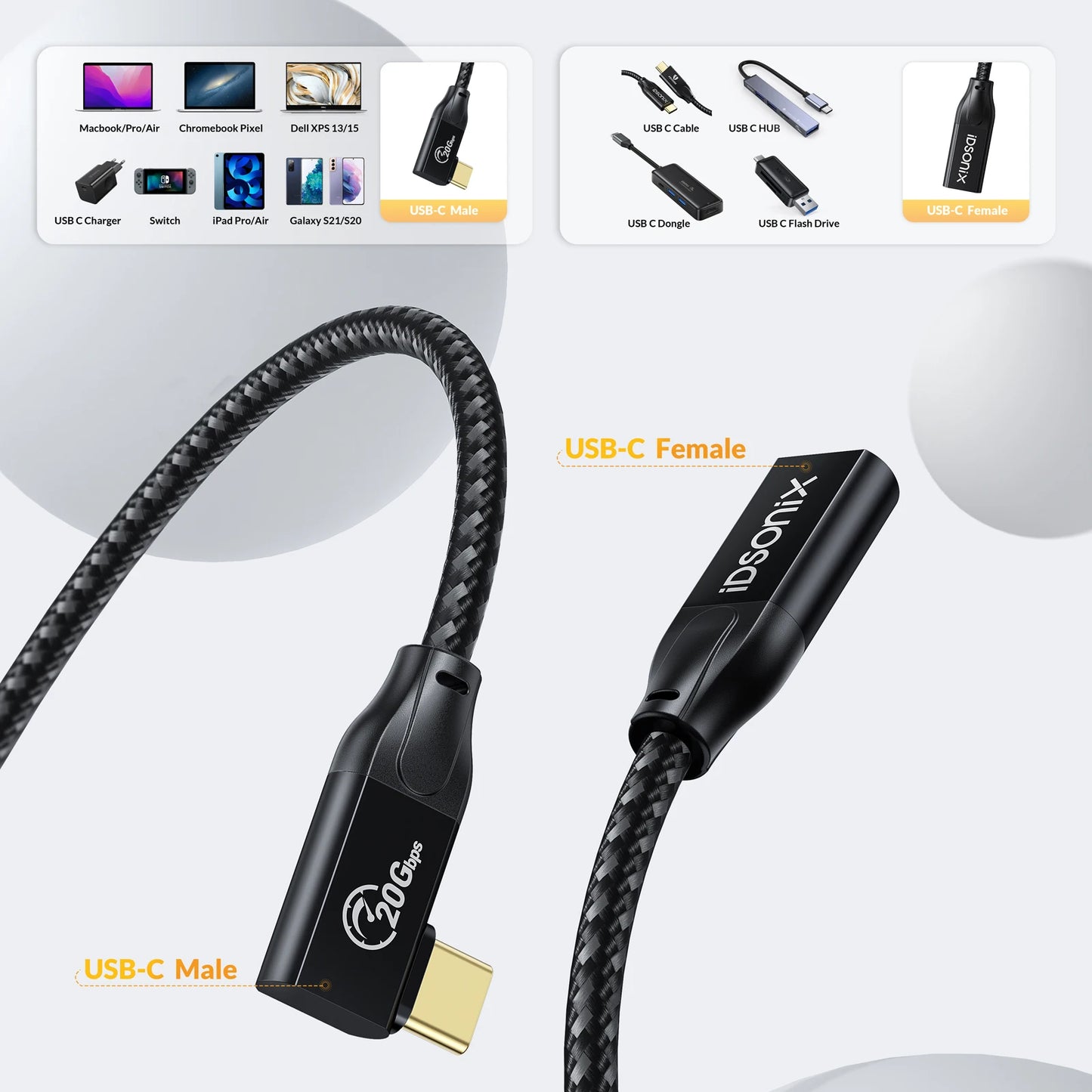 iDsonix USB C Extension Cable Nylon Braided USB C Extender Support 4k@60Hz/100W Fast Charging Type C 3.2 Gen2*2 Extension Cable