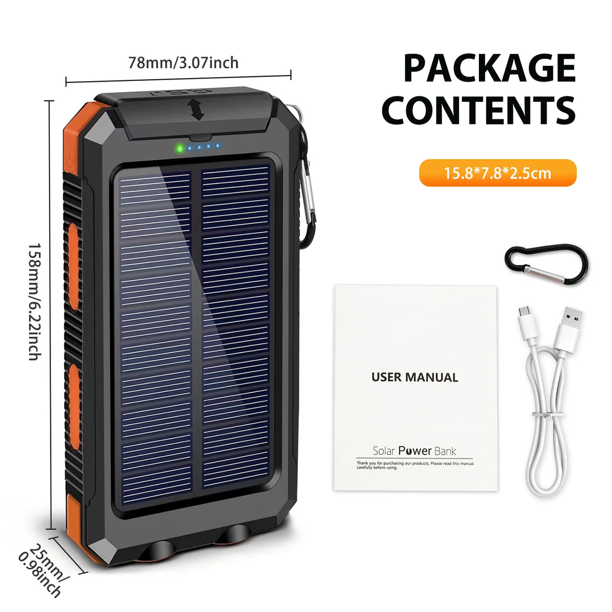 Solar Powered Waterproof Portable Power Bank With LED Flashlight