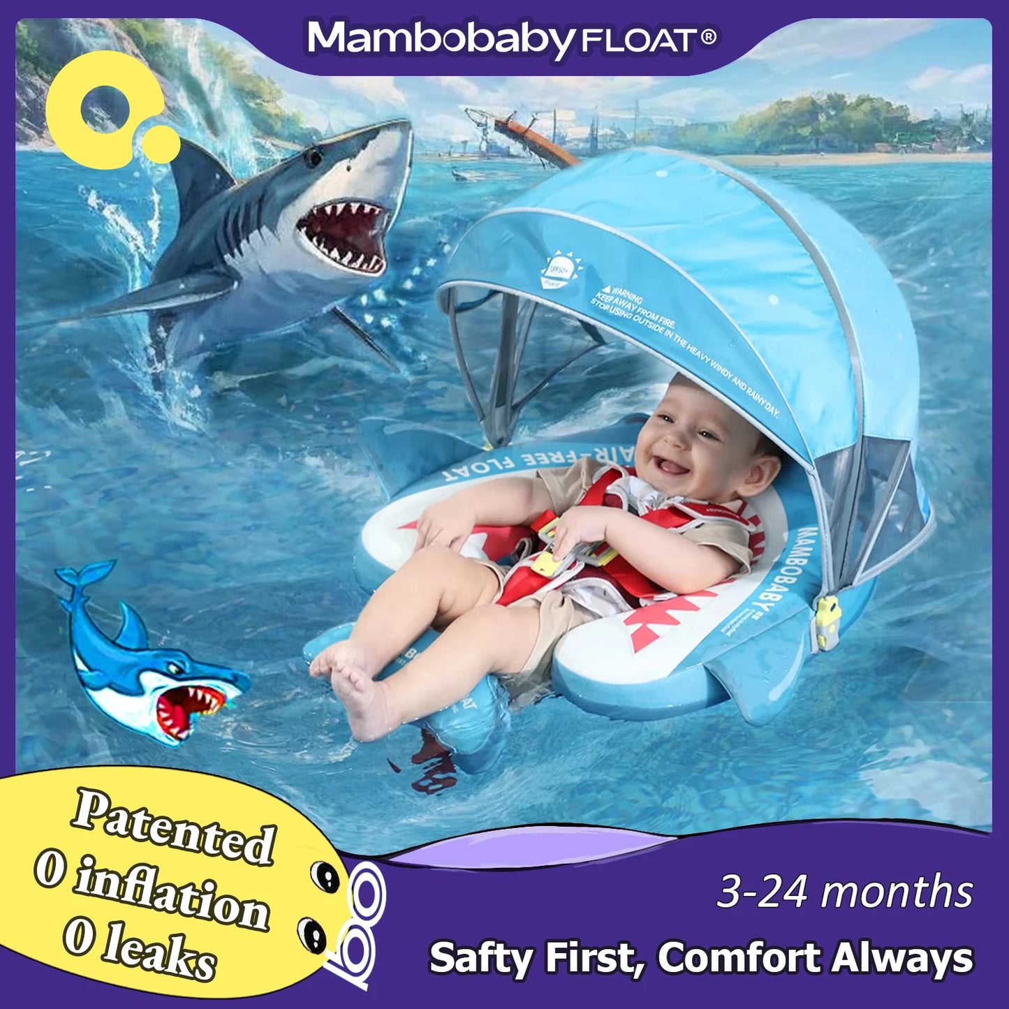 Mambobaby Pool Float With Safety Belt Non Inflatable Canopy Baby
