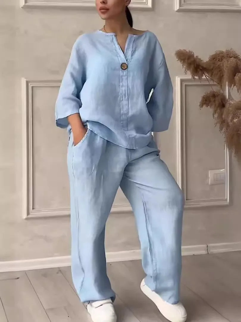 Women's Solid Color 2-Piece Set V-Neck Long Sleeve Top & Wide Leg Pants Casual Loose Lounge Suit Office Lady Simple Set