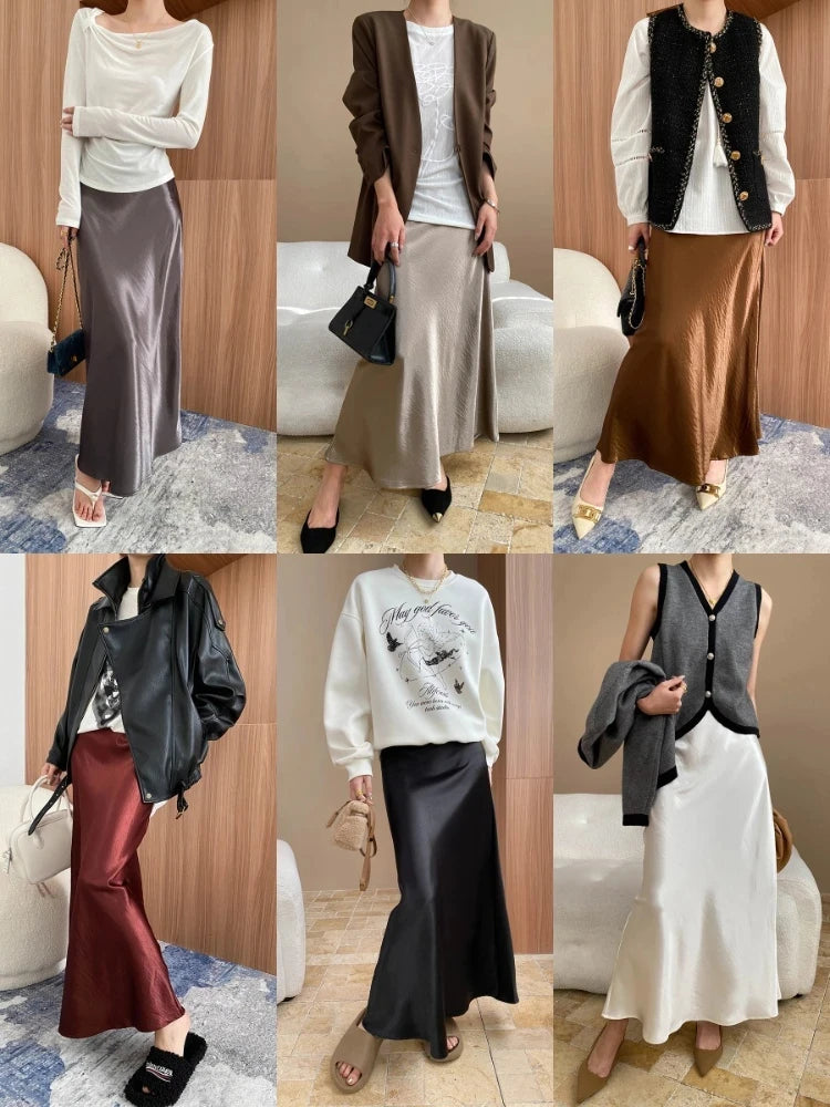 Glossy Satin Midi Skirt Women Elegant Quiet Luxury Basic Elastic-Waist Skirt