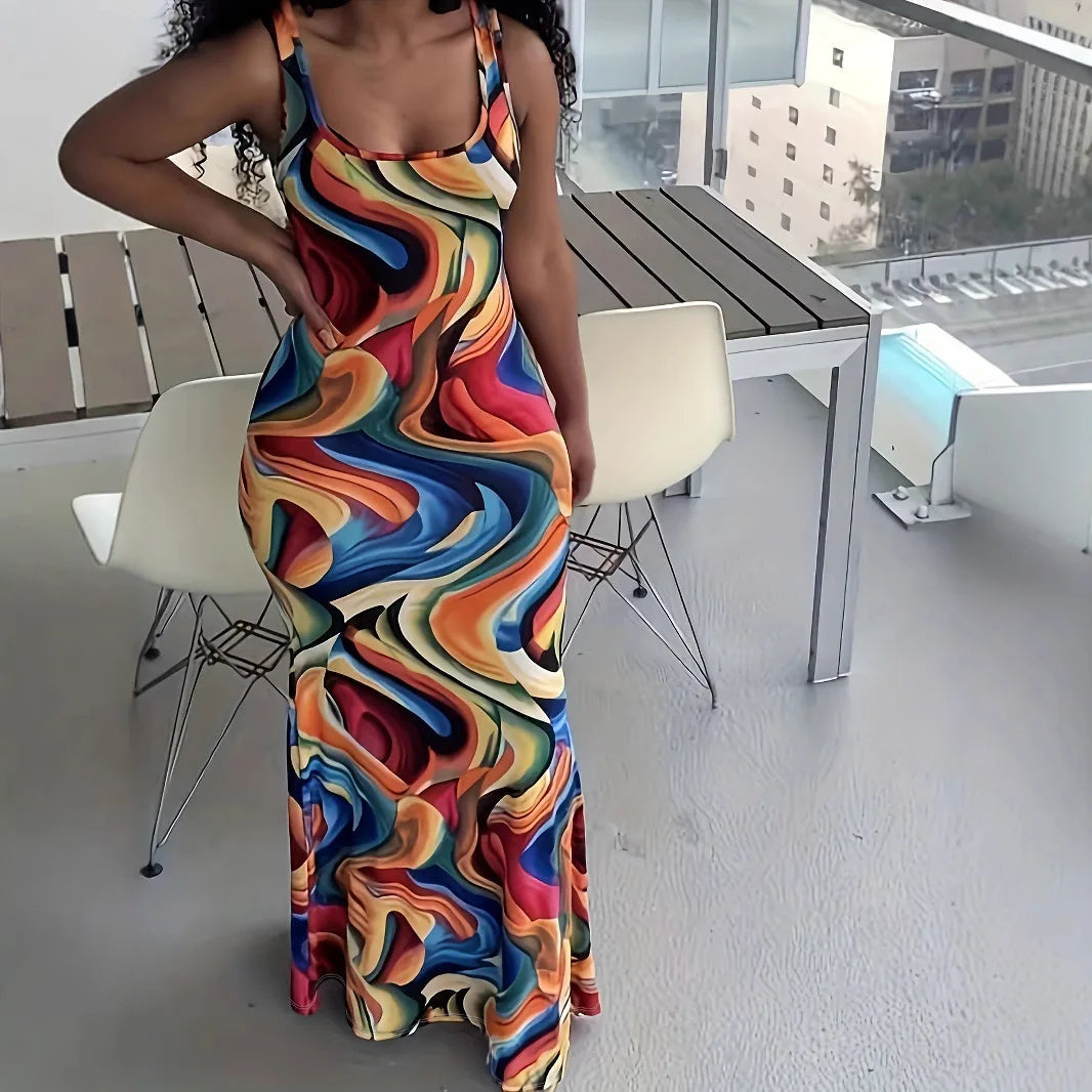 Large Summer New Casual Fashion Printed Wave Pattern Dress for Women