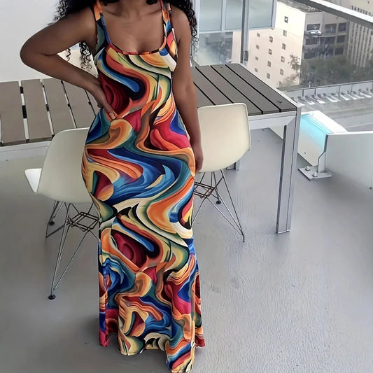 Large Summer New Casual Fashion Printed Wave Pattern Dress for Women