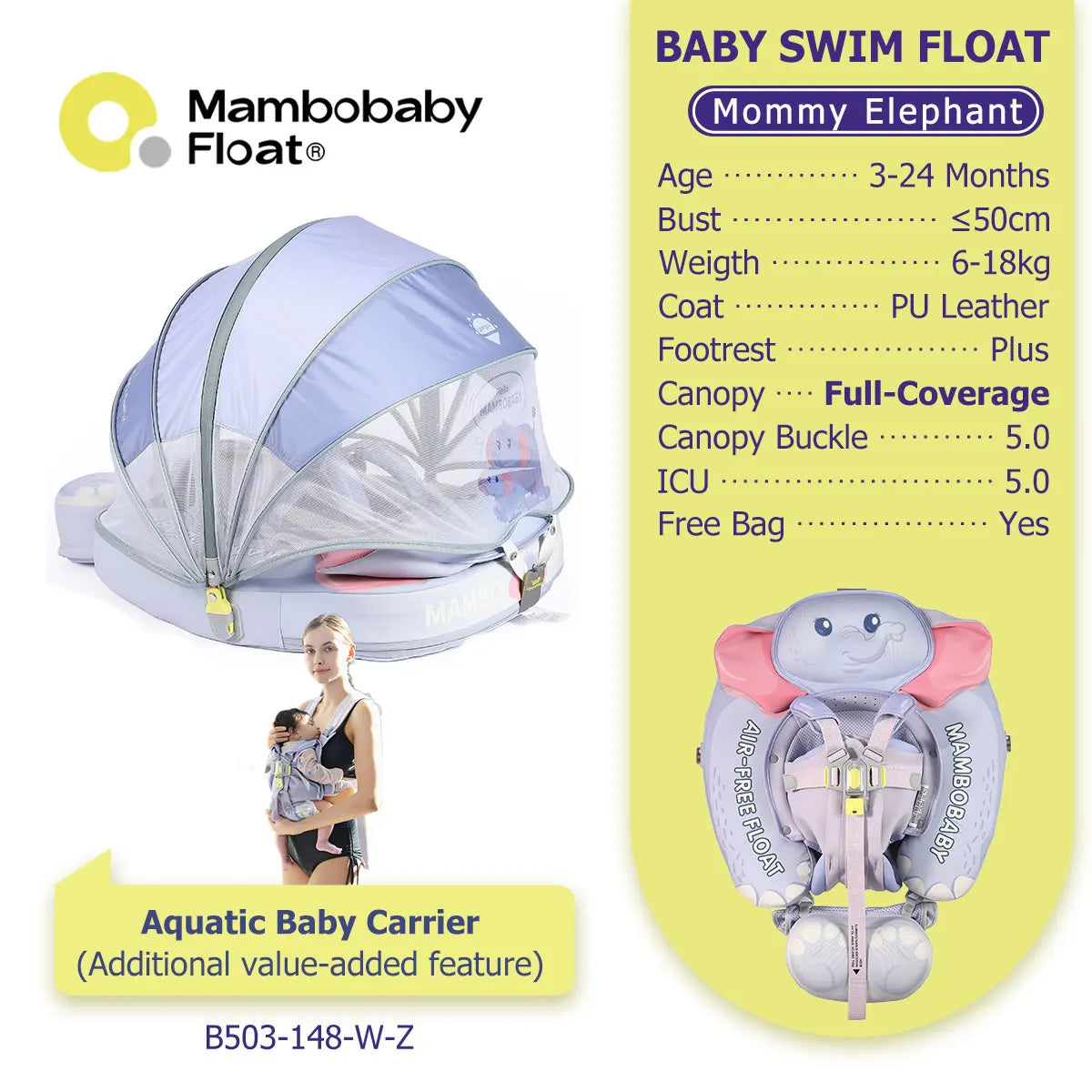 Mambobaby Pool Float With Safety Belt Non Inflatable Canopy Baby