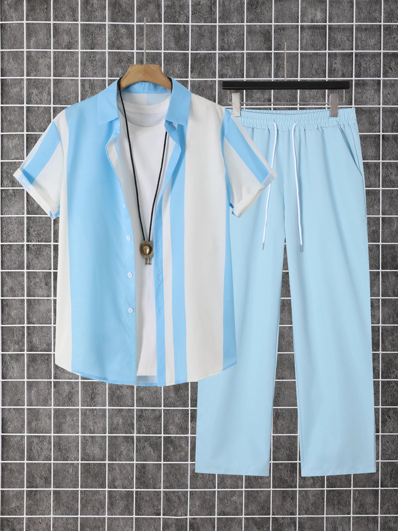 Men's Printed Polyester Short Sleeve Button Down Shirt Pants Set