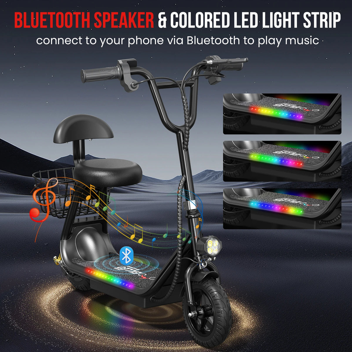 Eilleo Kids Electric Scooter Bluetooth Speaker Foldable Seat Basket