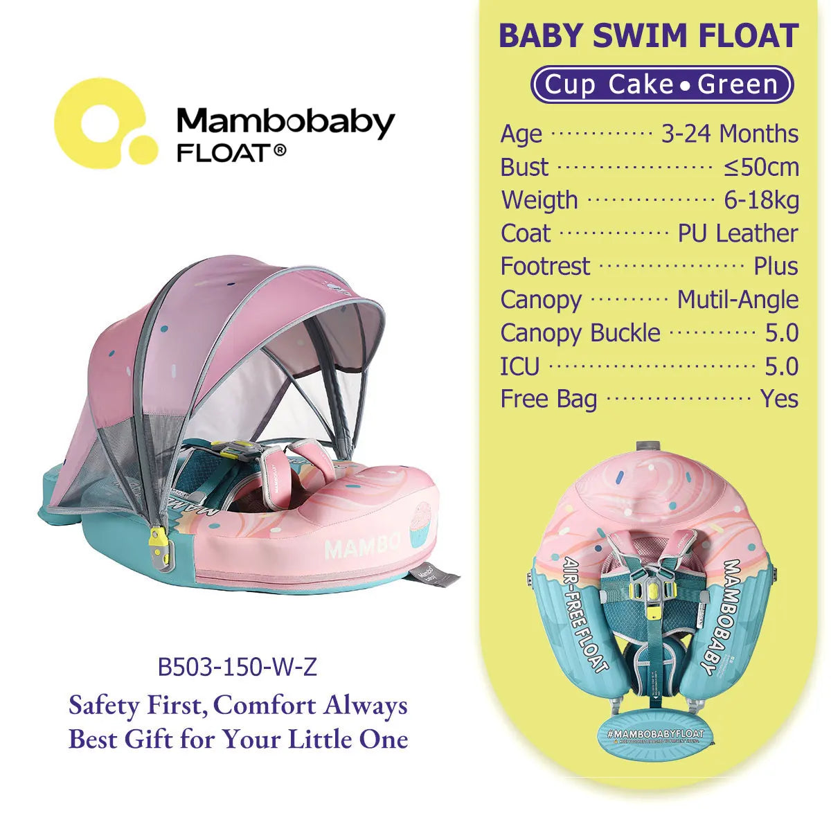 Mambobaby Pool Float With Safety Belt Non Inflatable Canopy Baby