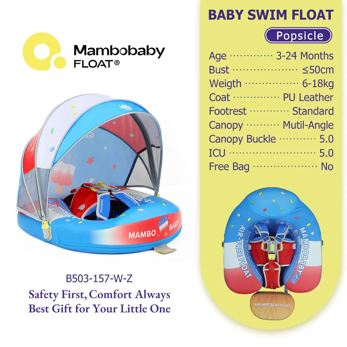Mambobaby Pool Float With Safety Belt Non Inflatable Canopy Baby