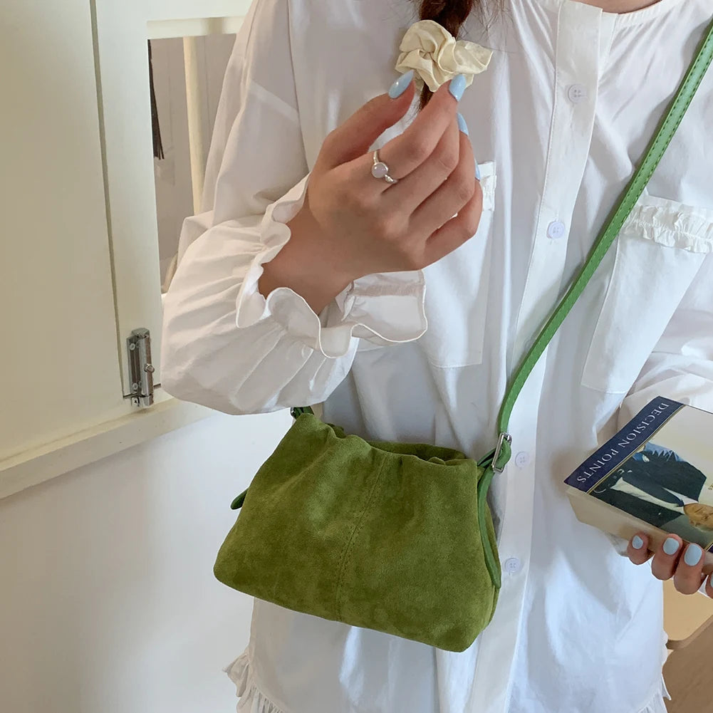 Women Faux Suede Crossbody Bag with Adjustable Strap Drawstring Top Handle Bag Shoulder Handbags for Travel Winter Fall