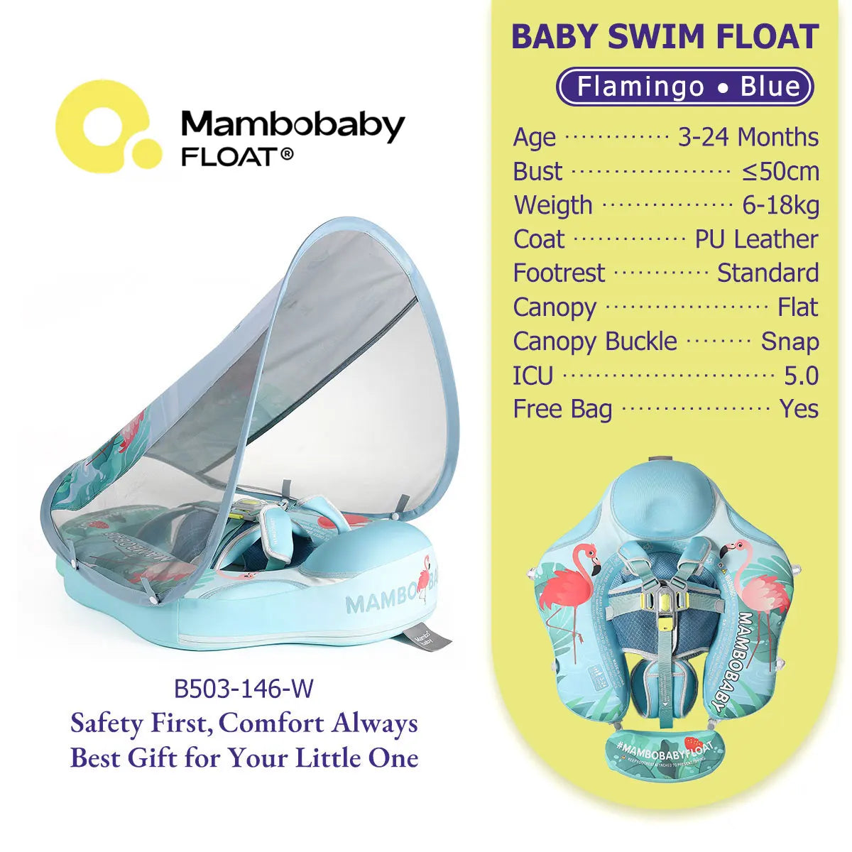 Mambobaby Pool Float With Safety Belt Non Inflatable Canopy Baby