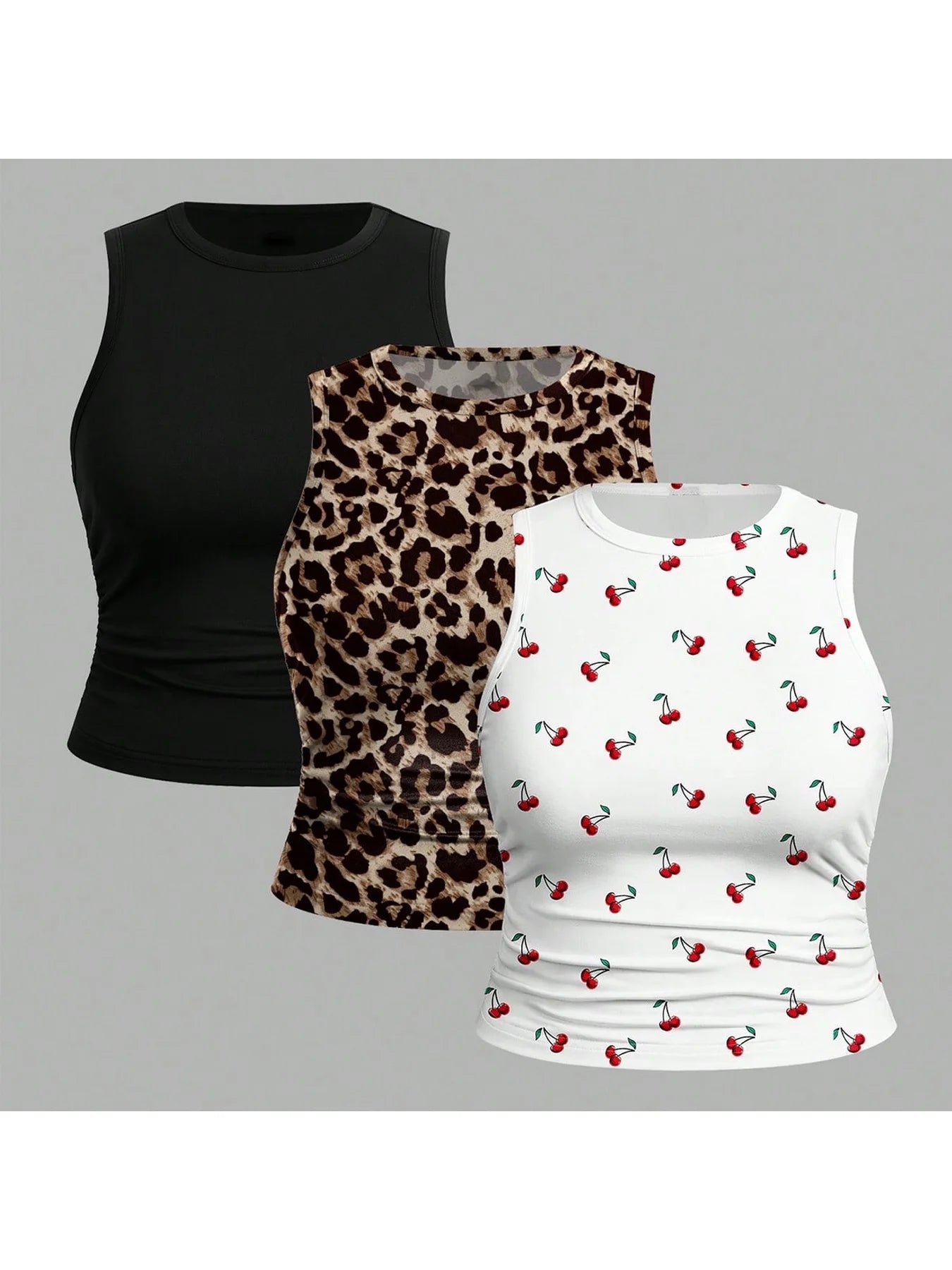 3PC Leopard Print Cherry Print Round Neck Sleeveless Vest, Sweet and Cool Style Slim Fit Short and Plus Size Vest Top
