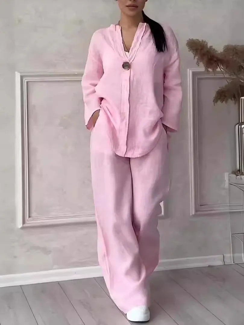Women's Solid Color 2-Piece Set V-Neck Long Sleeve Top & Wide Leg Pants Casual Loose Lounge Suit Office Lady Simple Set