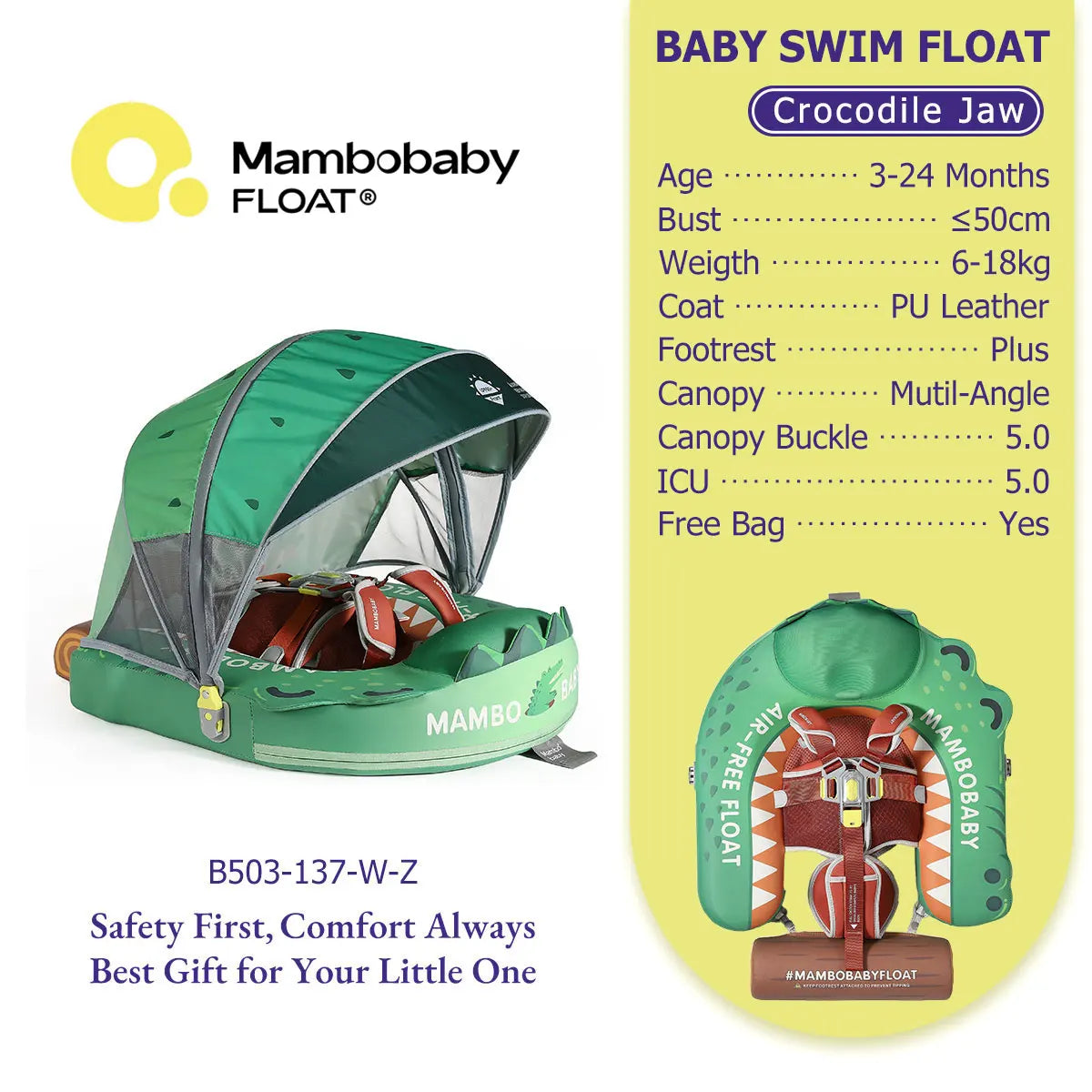Mambobaby Pool Float With Safety Belt Non Inflatable Canopy Baby