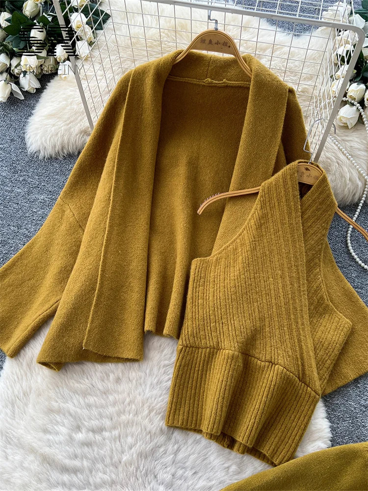 SINGREINY Autumn Chic Edgy Pants Sets Lapel Simple Cardigan+Halter Backless Tank Top+Long Pant 2026 Women Lazy Workwear 3pcs Set