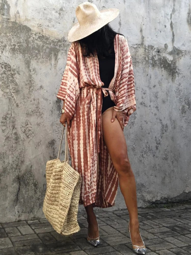 Boho Tie Dye Bikini Cover Up Kimono Cape Beach Dress