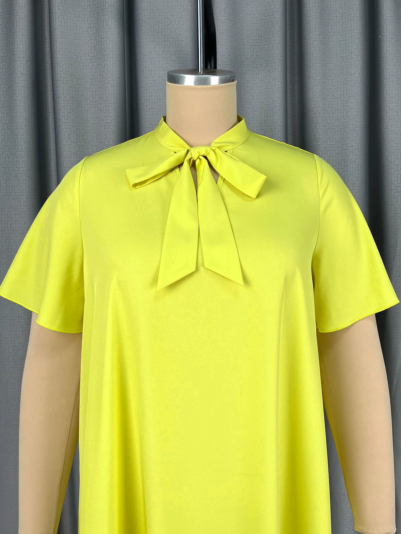 Elegant Women Straight Dress Bow Collar Short Sleeves Loose Long Ruffles Hem Africa Simple Solid Church Causal Daily Wear New