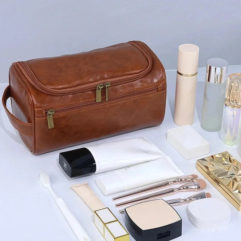 Men Women Leather Hanging Toiletry Bag Travel Cosmetic Storage Organizer