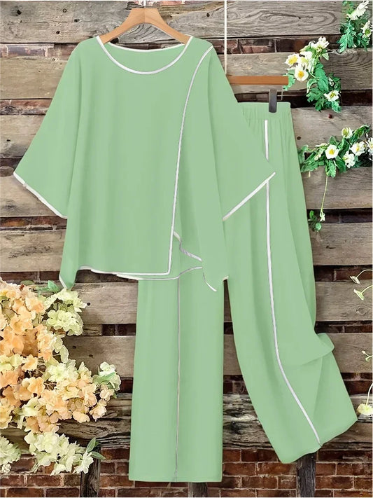 Plus Size Women Casual Fashion Set Loose Comfortable Open Split Half Sleeve Top Wide Pants Long Pant Two Piece Outfit Pajama Set