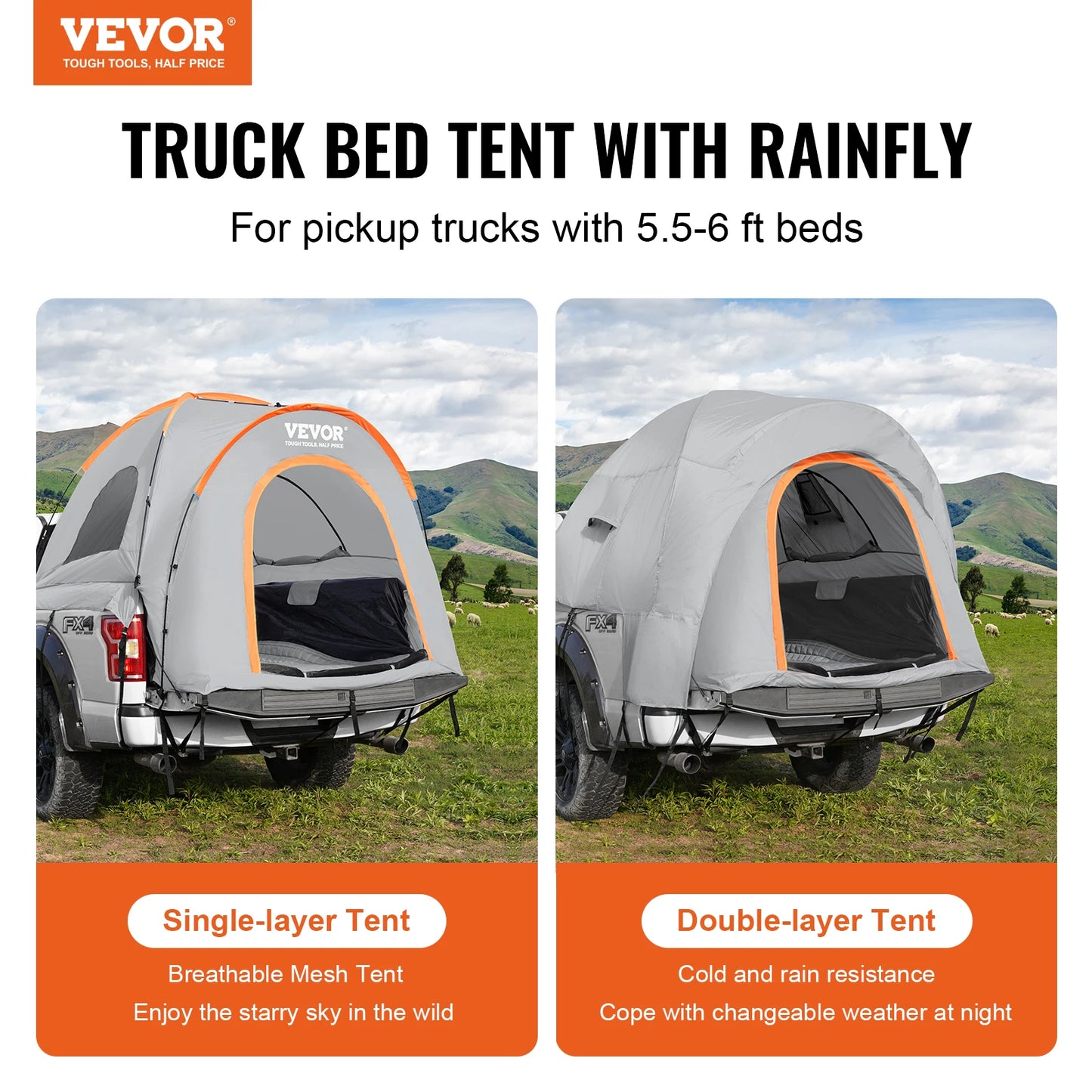 SucceBuy Truck Bed Tent 5.5'-6'Pickup Truck Tent with Rain Layer and Carry Bag Waterproof PU Double Layer Truck Tent for Camping