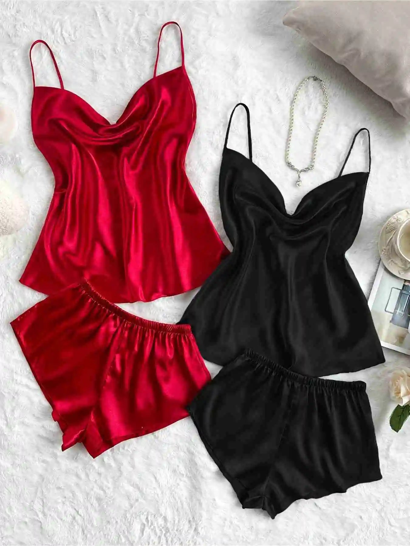 Satin Sleep Set For Women With Cami Top And Shorts