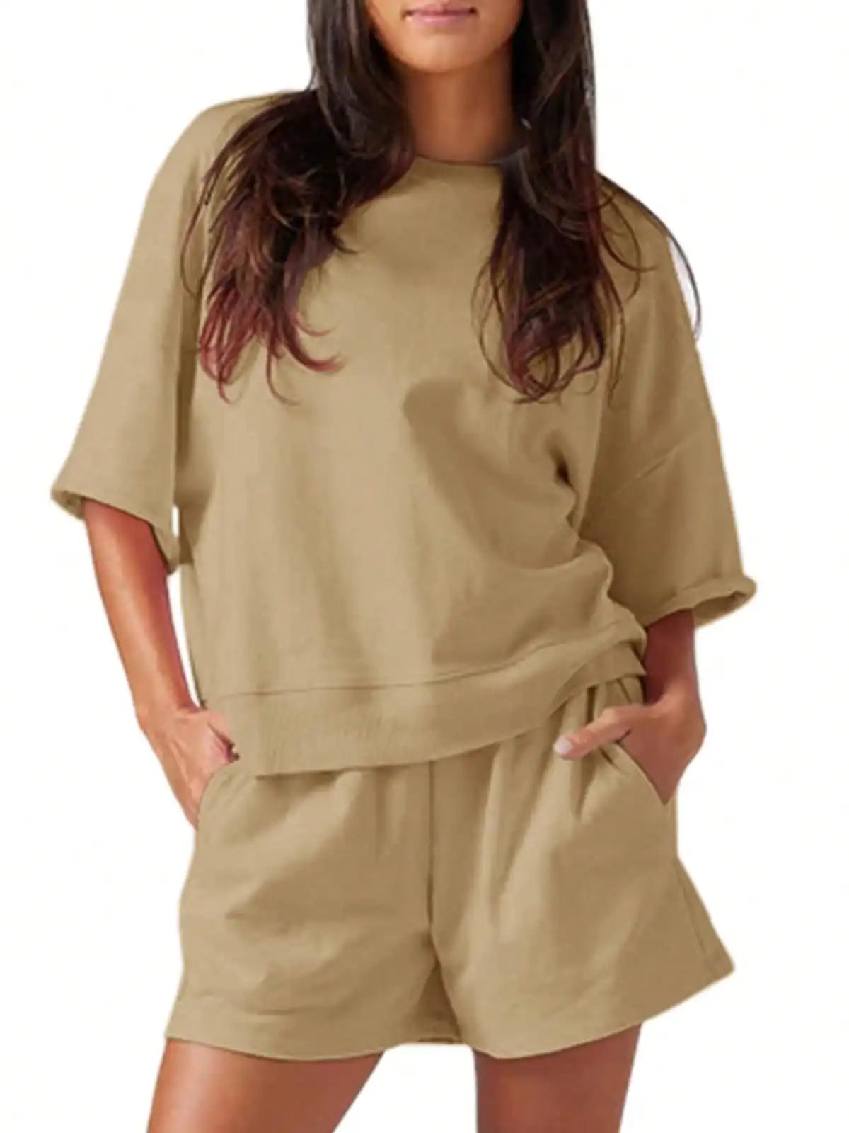 Fisoew Women's High Waist Running Shorts Set Cropped Sweatshirt