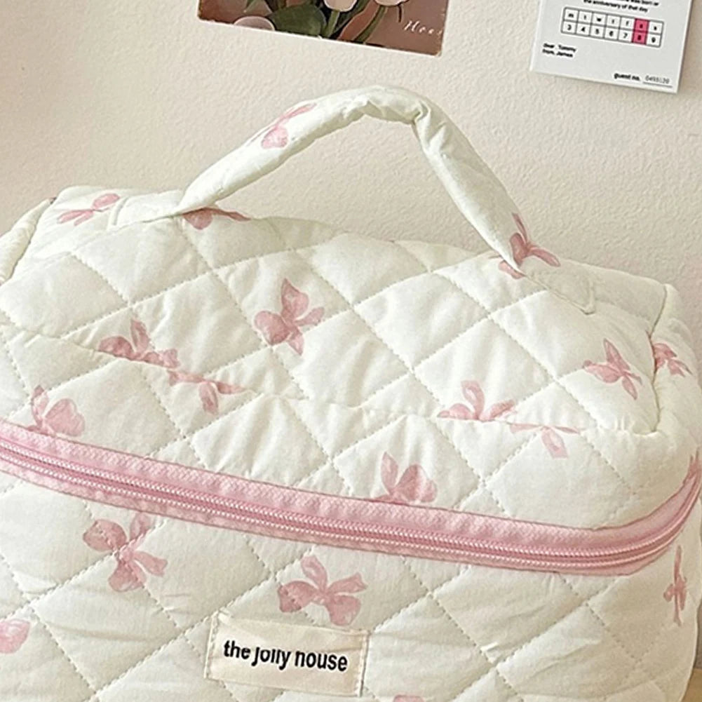 Cute Bow Toiletry Bag with Zipper Makeup Organizer Storage Bag Cotton Quilted Cosmetic Organizer Case for Women and Girls