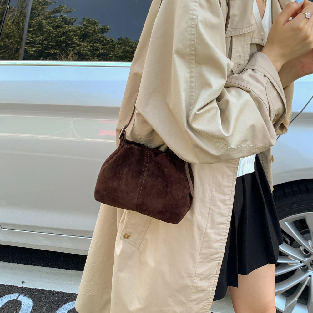 Women Faux Suede Crossbody Bag with Adjustable Strap Drawstring Top Handle Bag Shoulder Handbags for Travel Winter Fall