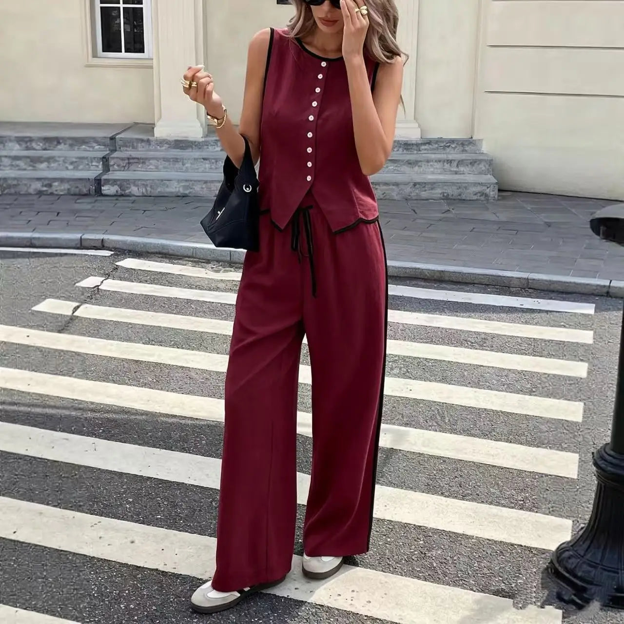 Women's Contrast Sleeveless Button Vest & Drawstring Wide Leg Pants 2-Piece Set Summer Elegant Casual Streetwear Loose Suit