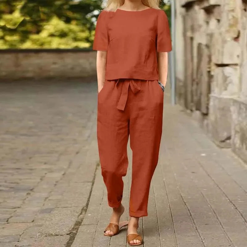 Women's Cotton Linen Summer 2-Piece Set Short Sleeve O-Neck Top & High Waist Drawstring Wide Leg Pants Set Retro Loungewear