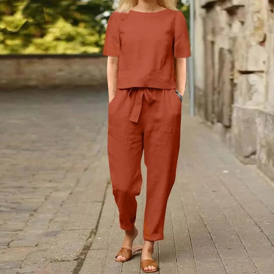 Women's Cotton Linen Summer 2-Piece Set Short Sleeve O-Neck Top & High Waist Drawstring Wide Leg Pants Set Retro Loungewear