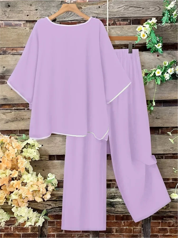 Plus Size Women Casual Fashion Set Loose Comfortable Open Split Half Sleeve Top Wide Pants Long Pant Two Piece Outfit Pajama Set