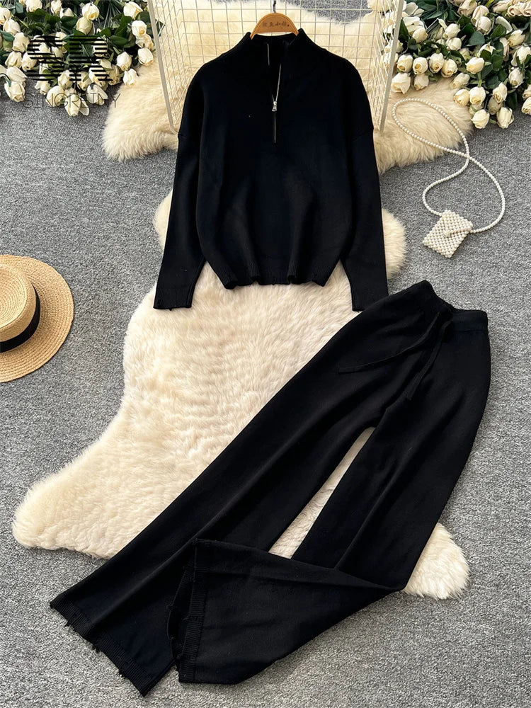 SINGREINY Minimalist Autumn Casual Suits Female Zipper Sweater+Drawstring Wide Leg Pants Hole Loose Daily Commute Lazy 2pcs Sets