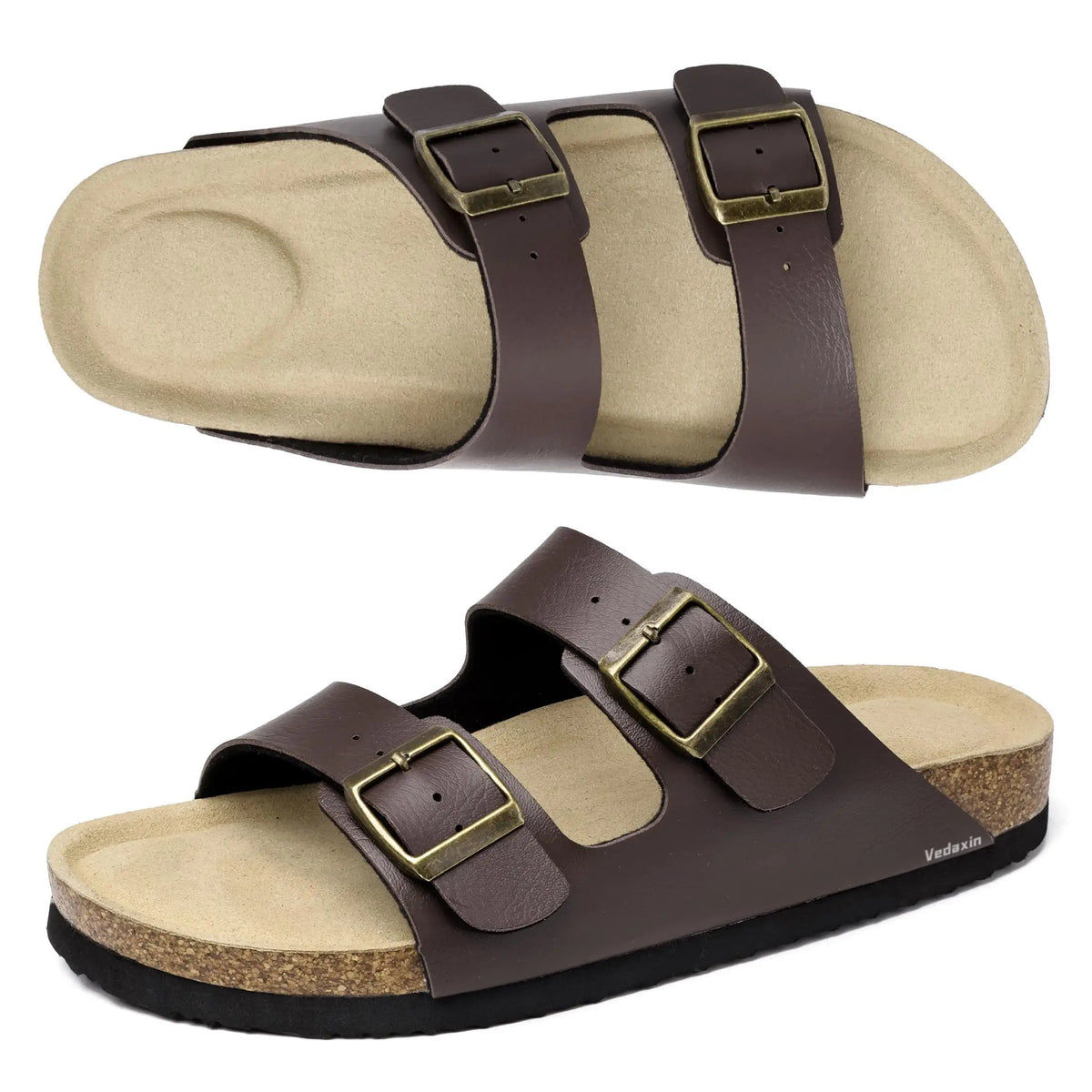 Womens Double Buckle Slide Sandals With Cork Footbed For Indoor Outdoor Wear