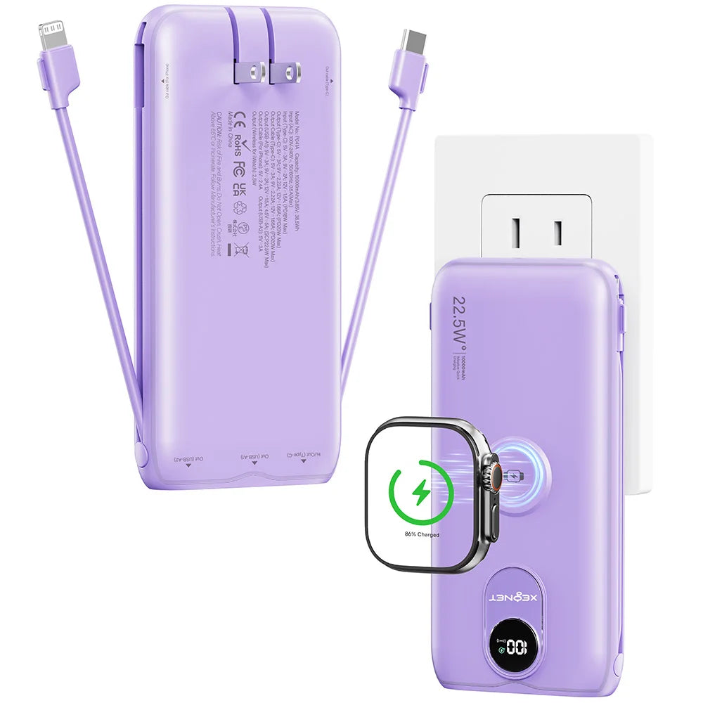 10000mAh Power Bank with AC Wall Plug,22.5W SCP/20W PD Fast Charging,Built-in Cables,Wireless Charger for Apple Watch