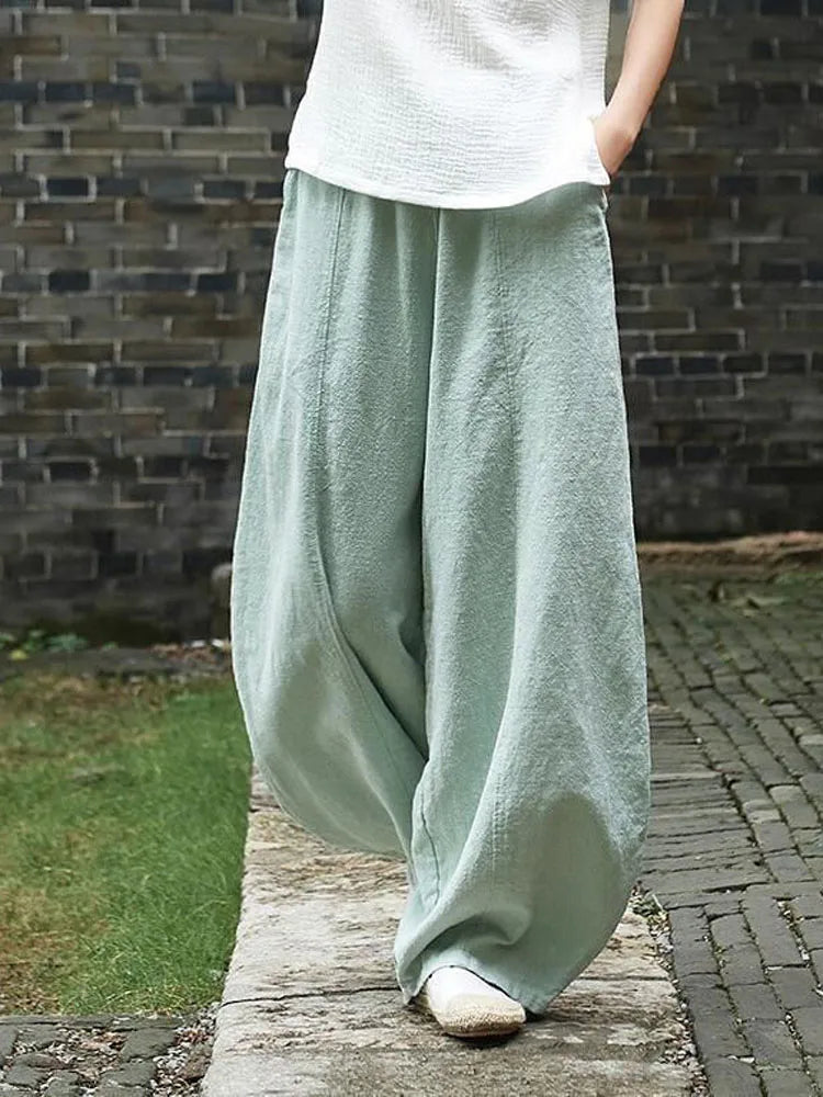 Women's Cotton Linen Vintage Wide Leg Pants With Elastic Waist Full Length
