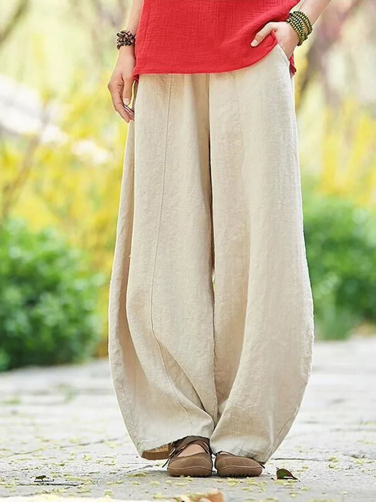 Women's Cotton Linen Vintage Wide Leg Pants With Elastic Waist Full Length