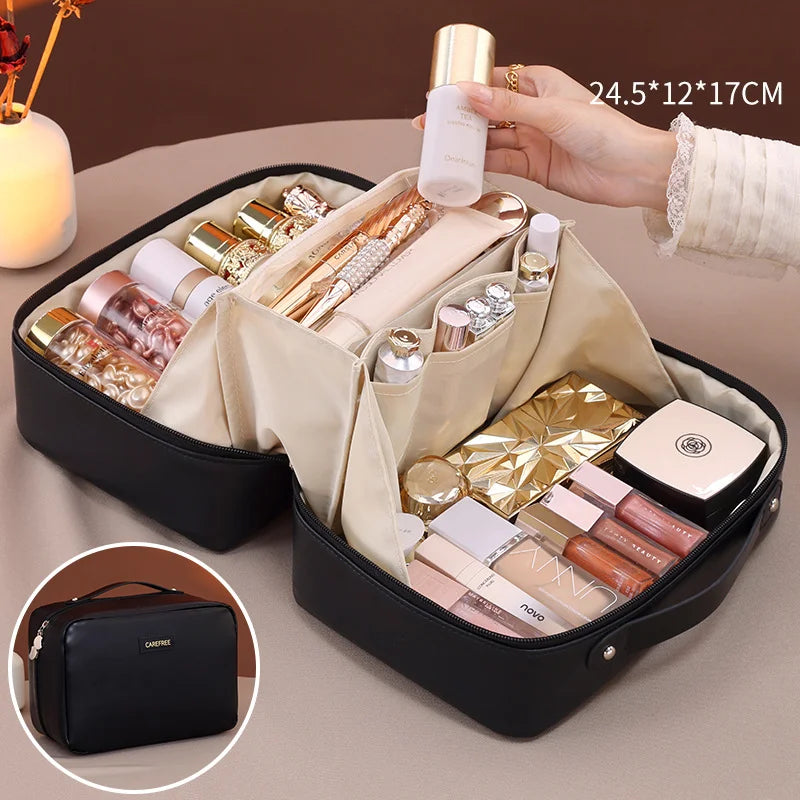 Travel Cosmetic Bag With Dividers And Flat Open Toiletry Organizer