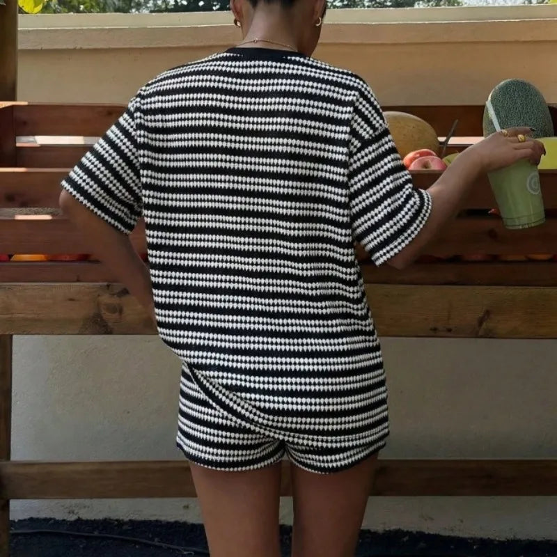 Women's Striped Shorts Set Summer Casual Short Sleeve Knit Top Lounge Wear 2 Piece Set Female Fashion Streetwear Suit