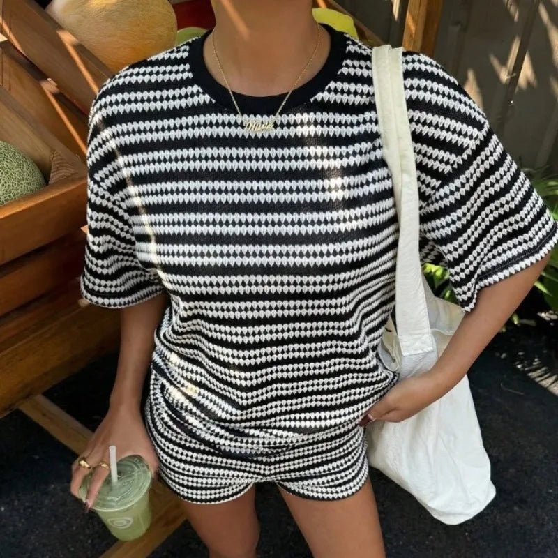 Women's Striped Shorts Set Summer Casual Short Sleeve Knit Top Lounge Wear 2 Piece Set Female Fashion Streetwear Suit