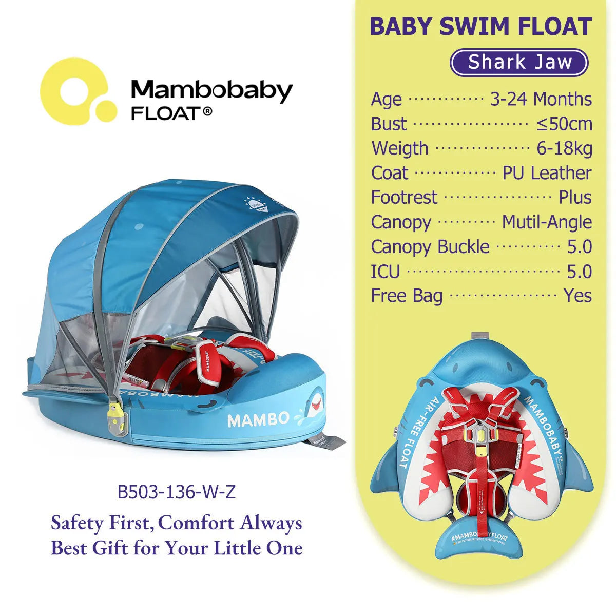 Mambobaby Pool Float With Safety Belt Non Inflatable Canopy Baby