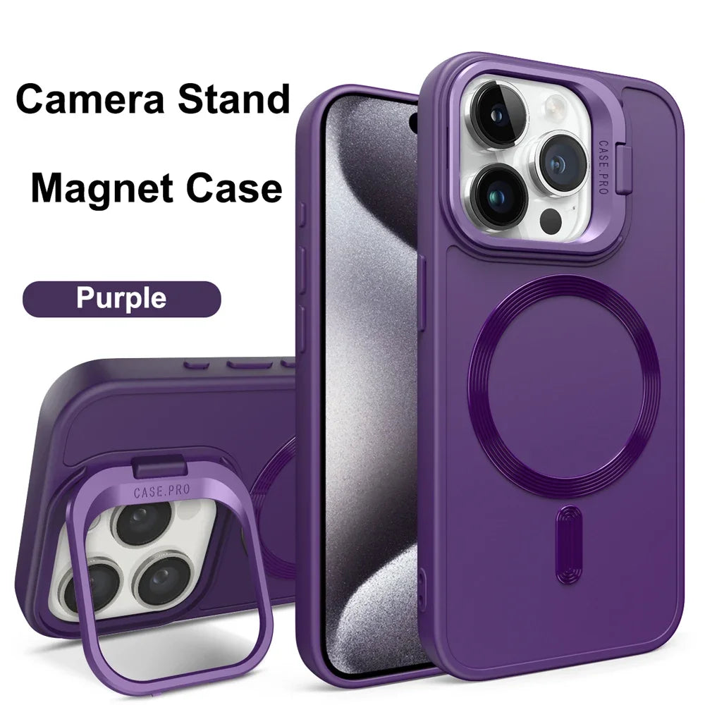 Stand Case for iPhone 16 15 14 13 12 11 Pro Max Cover Magnetic for Magsafe Wireless Charge Shell Camera Holder Soft Matte Fundas